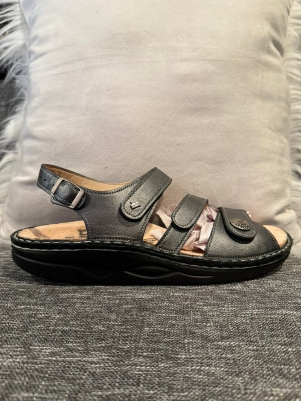 Finn Comfort Gomera Metallic Pewter Leather Sandals Women 10–10.5 EU 41 Like New - Picture 2 of 9